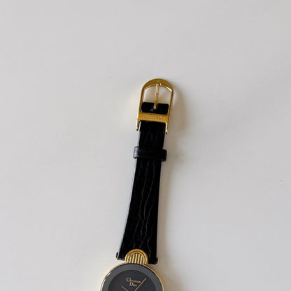 Dior 1990s Black Round Dial Gold Plated Watch