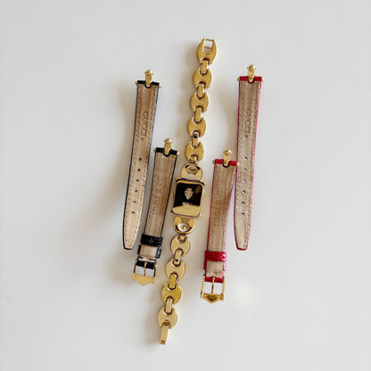 Gucci 1990s Interchangeable Strap Gold Plated Watch with 3 straps, case