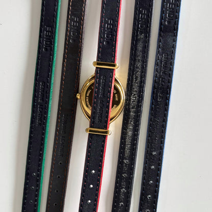 Fendi 1990s Interchangeable Strap Gold Plated Watch with 5 straps, case