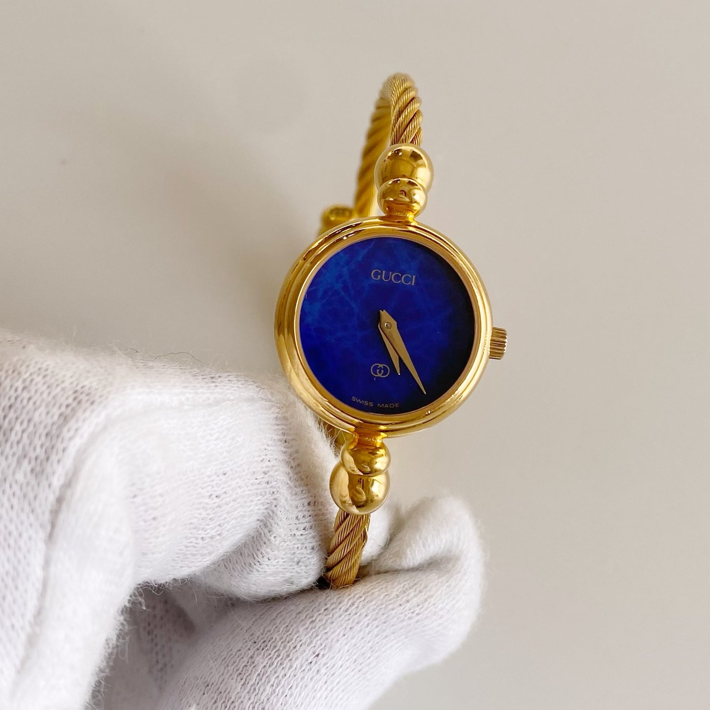 Gucci 1990s Blue Dial Gold Plated Cable Bangle Watch