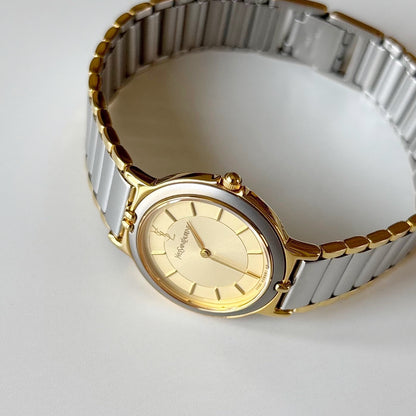 Yves Saint Laurent 1990s Round Dial Two Tone Gold Plated Watch