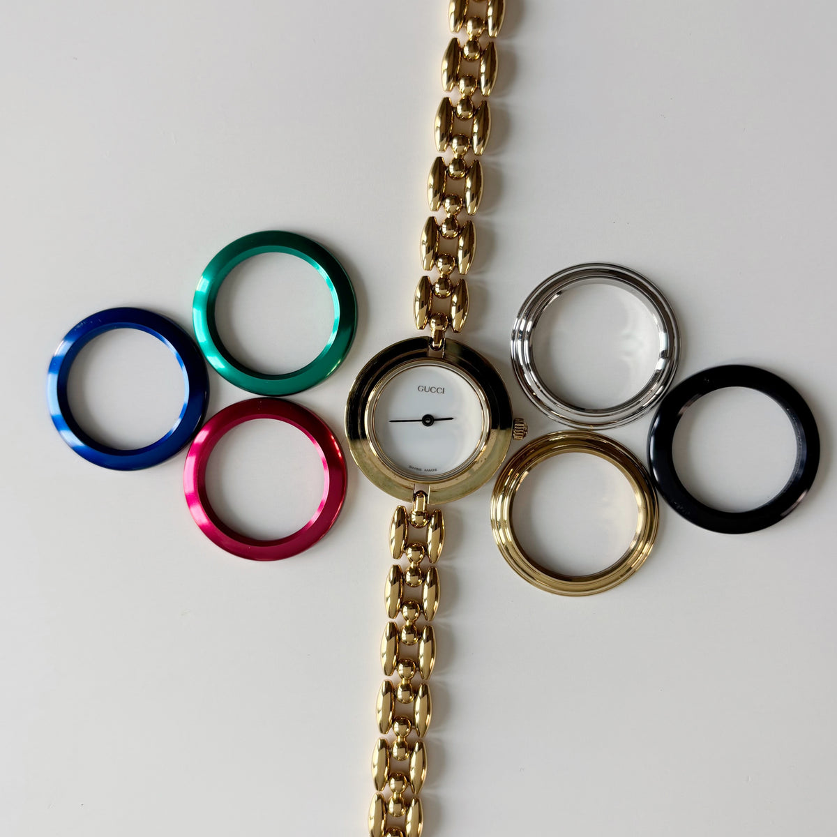 Gucci 1990s Interchangeable Bezel Gold Plated Rice Chain Watch with 6 bezels, case (160mm)