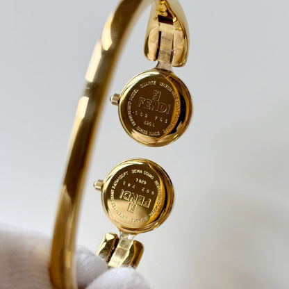 Fendi 1990s Seashell Dial Two Time Zone Gold Plated Bangle Watch