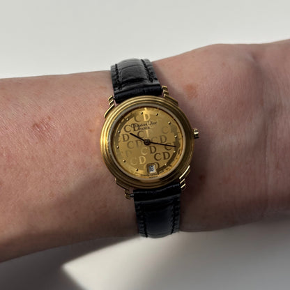 Dior 1990s Date CD Logo Round Dial Gold Plated Watch