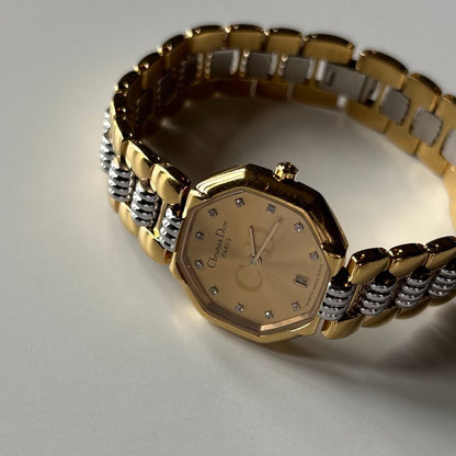 Dior 1990s Octagon Two Tone Gold Plated Watch