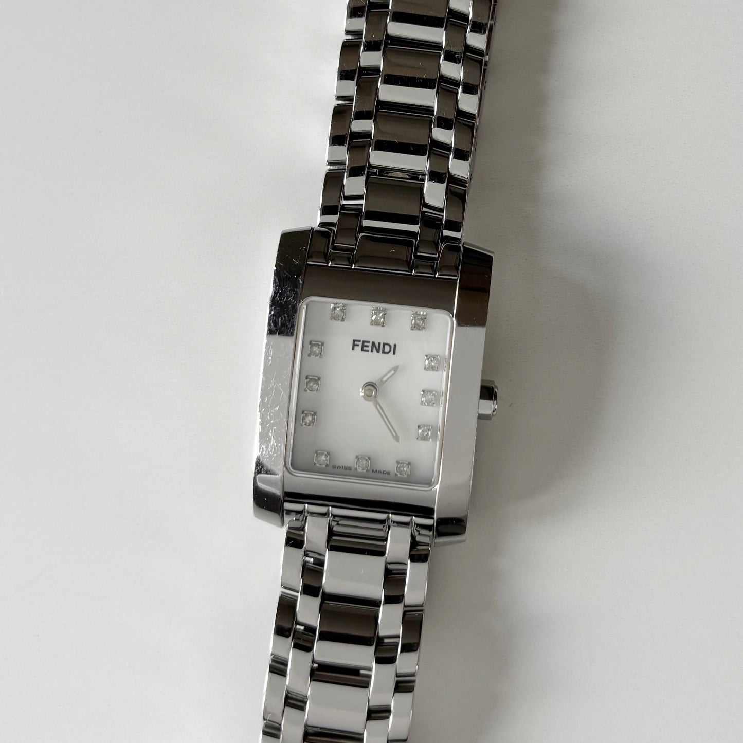 Fendi 1990s Seashell Dial Tank Silver Watch