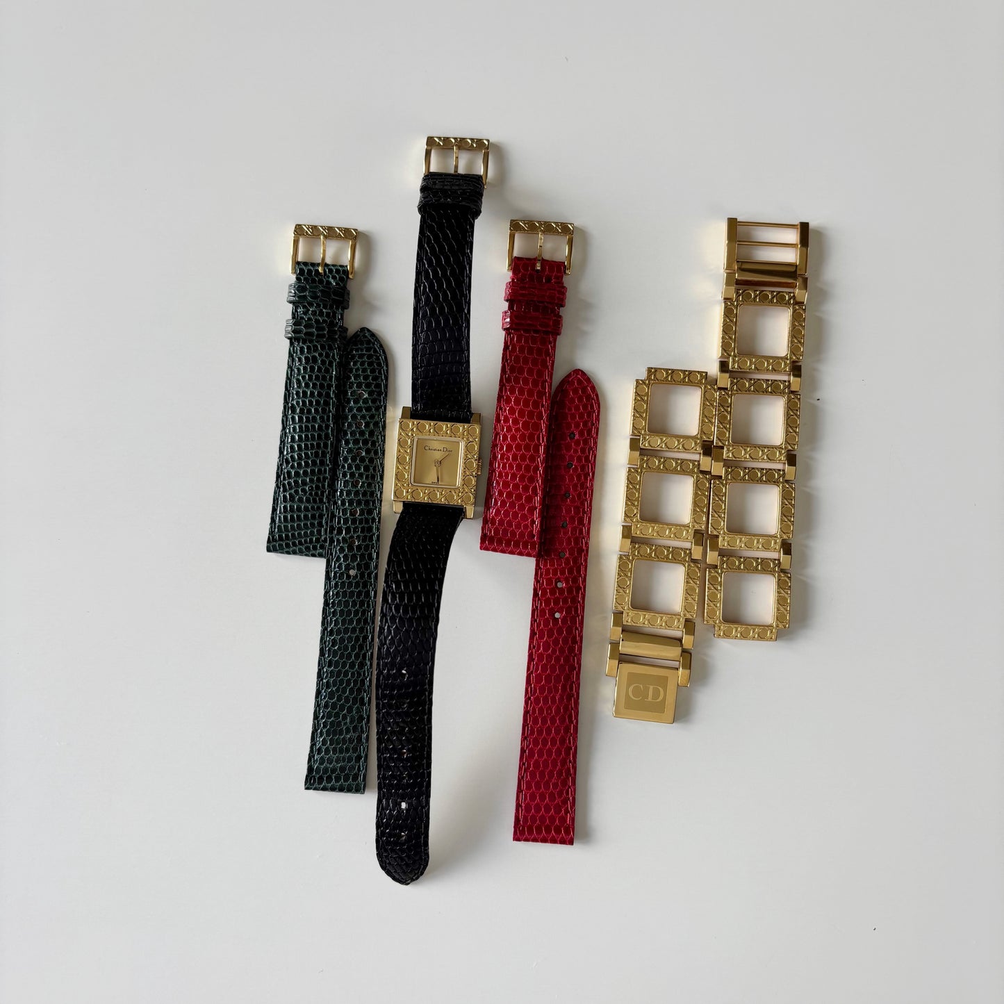 Dior 1990s Interchangeable Strap Gold Plated Watch with 4 straps, case