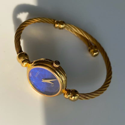 Gucci 1990s Blue Dial Gold Plated Cable Bangle Watch