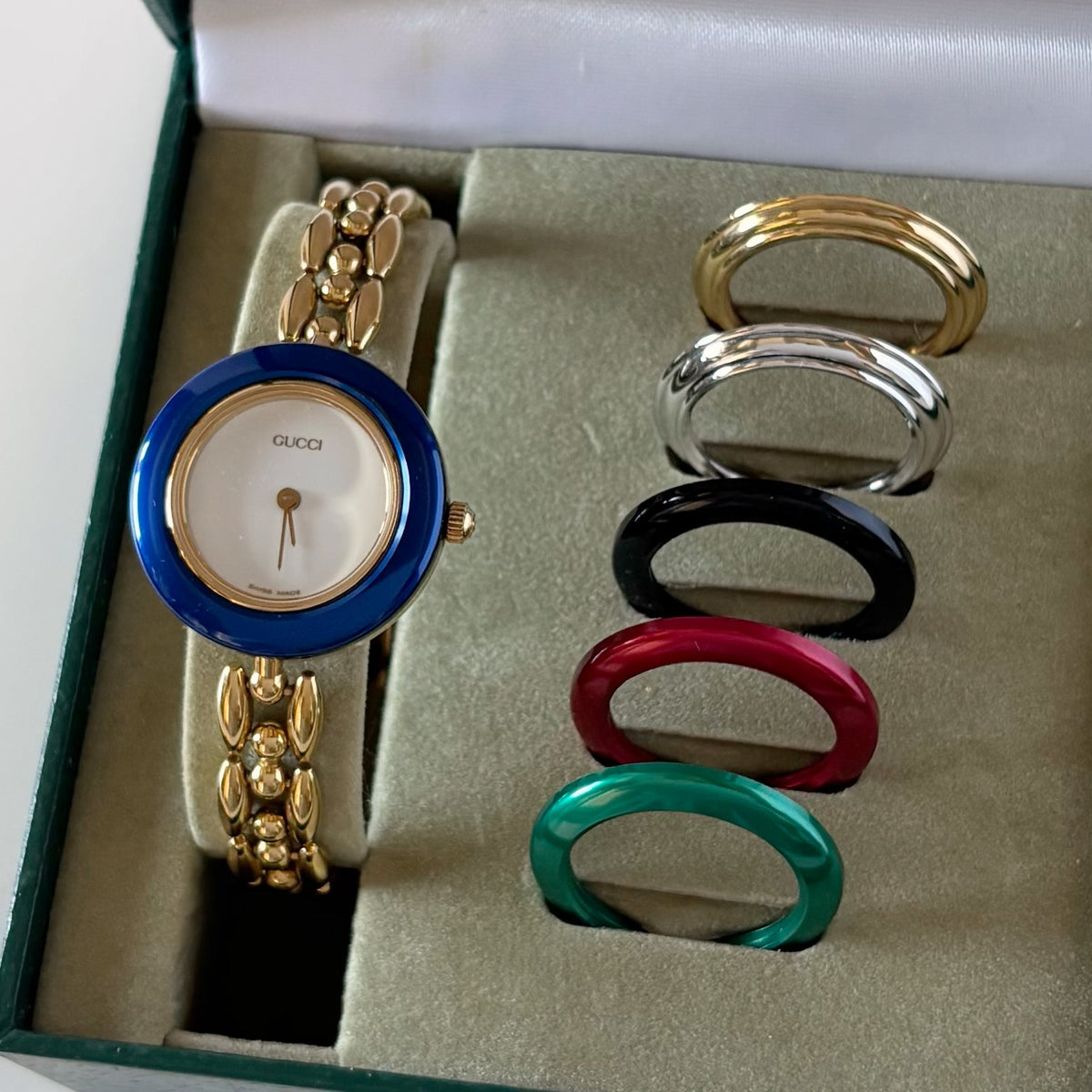 Gucci 1990s Interchangeable Bezel Gold Plated Rice Chain Watch with 6 bezels, case (160mm)