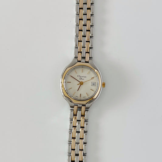 Dior 1990s Date Round Dial Two Tone Watch