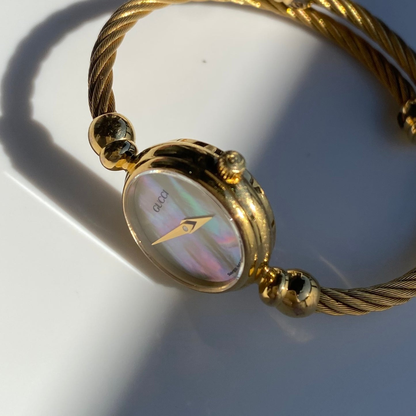 Gucci 1990s Seashell Dial Gold Plated Cable Bangle Watch