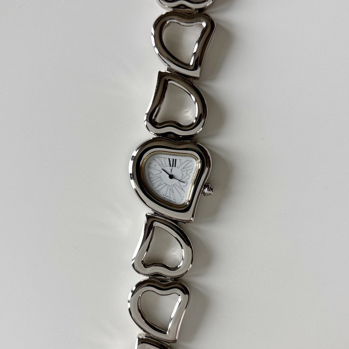 Yves Saint Laurent 1990s Heart Shaped Dial Band Silver Watch