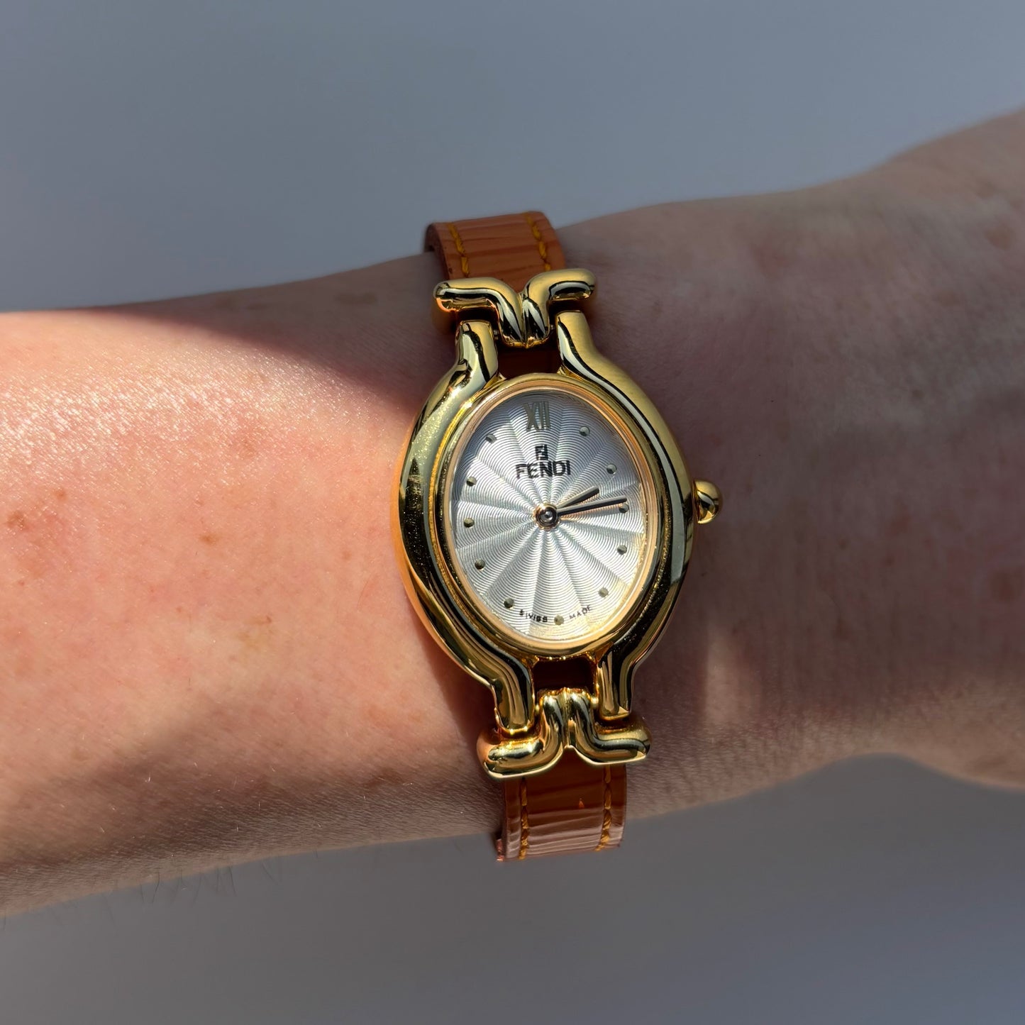 Fendi 1990s Interchangeable Belt Gold Plated  Watch with 5 belts, case