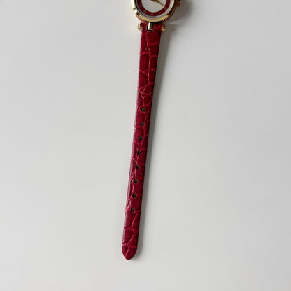 Gucci 1990s Red Round Dial Gold Plated Watch