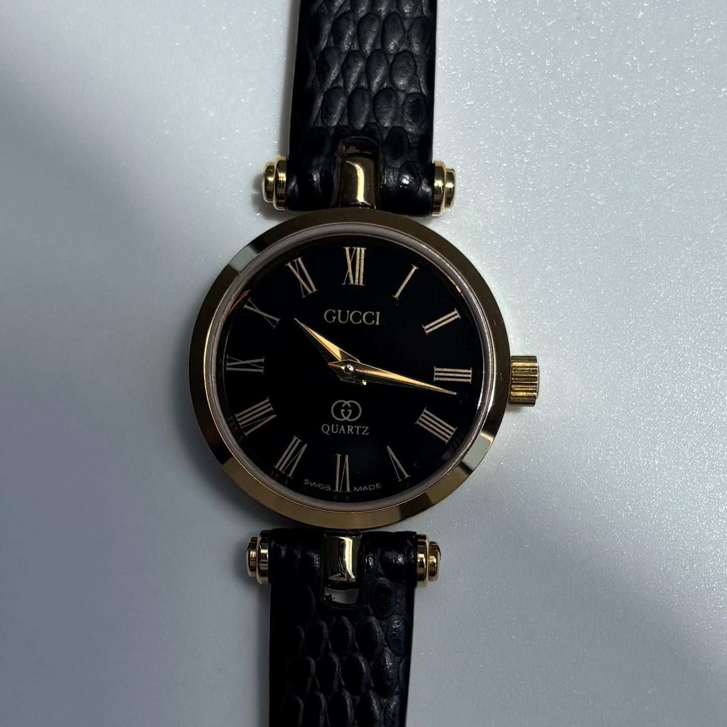 Gucci 1980s Black Round Dial Gold Plated Watch