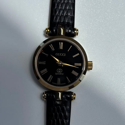 Gucci 1980s Black Round Dial Gold Plated Watch