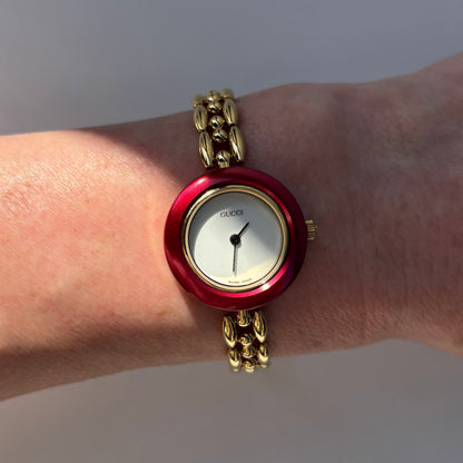 Gucci 1990s Interchangeable Bezel Gold Plated Rice Chain Watch with 6 bezels, case (175mm)