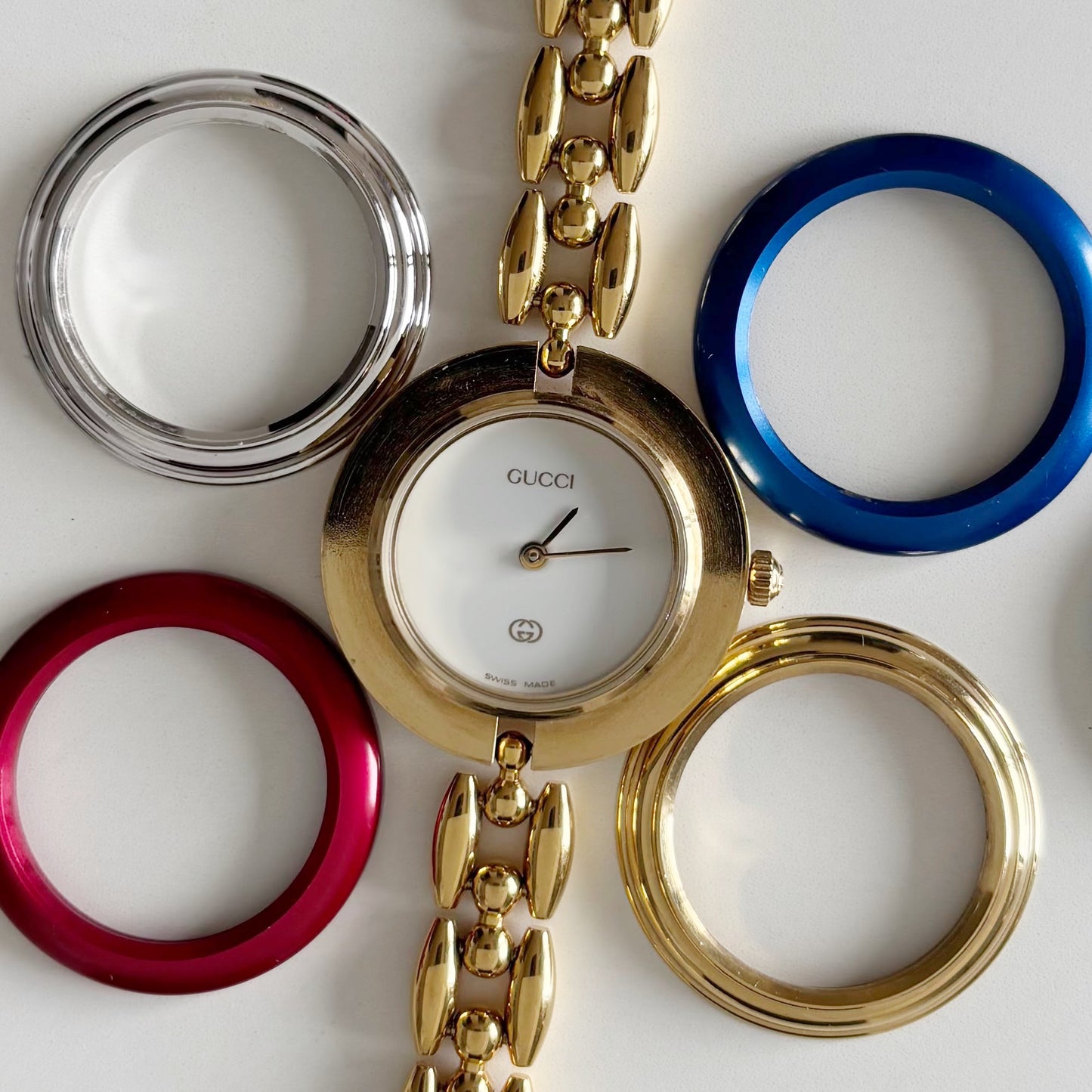 Gucci 1990s Interchangeable Bezel Gold Plated Watch with 6 bezels, case (160mm)