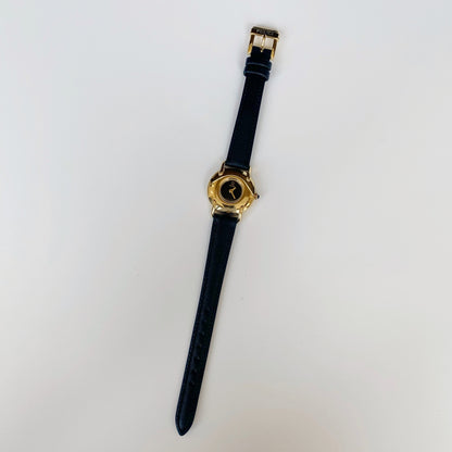 Fendi 1990s Black Dial Gold Plated Round Leather Strap Watch