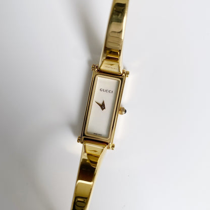 Gucci 1990s Seashell Dial Rectangular Gold Plated Bangle Watch