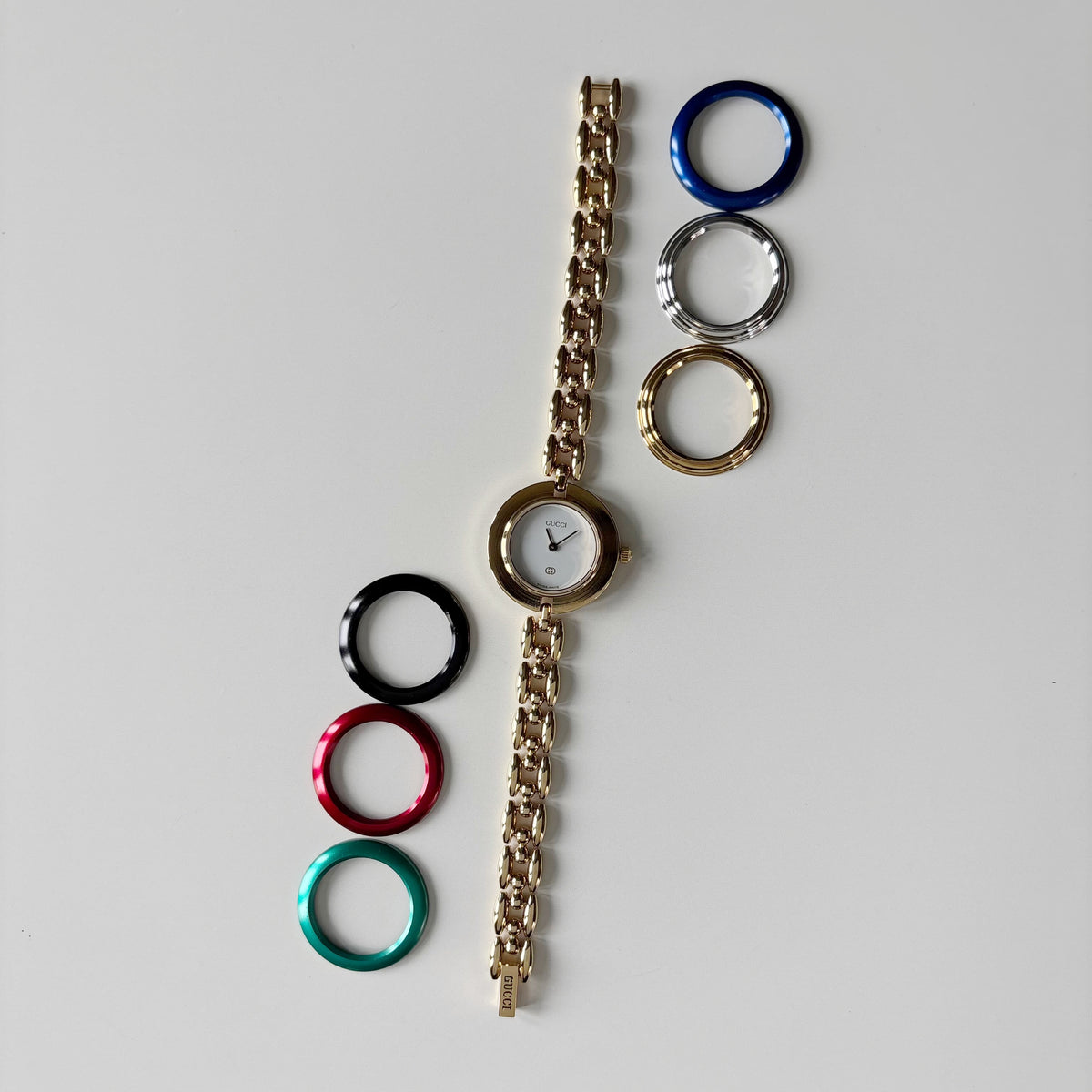 Gucci 1990s Interchangeable Bezel Gold Plated Rice Chain Watch with 6 bezels, case (165mm)
