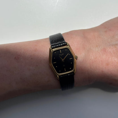 Celine 1980s Black Dial Gold Plated Watch