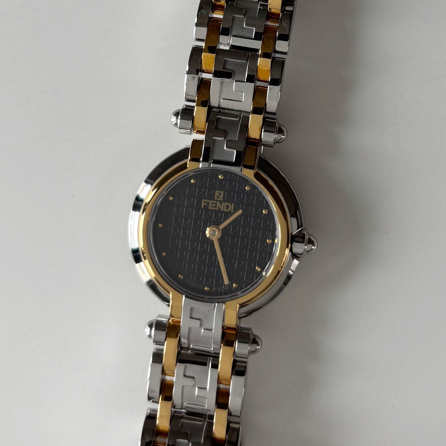 Fendi 1990s Black Round Dial Two Tone Watch
