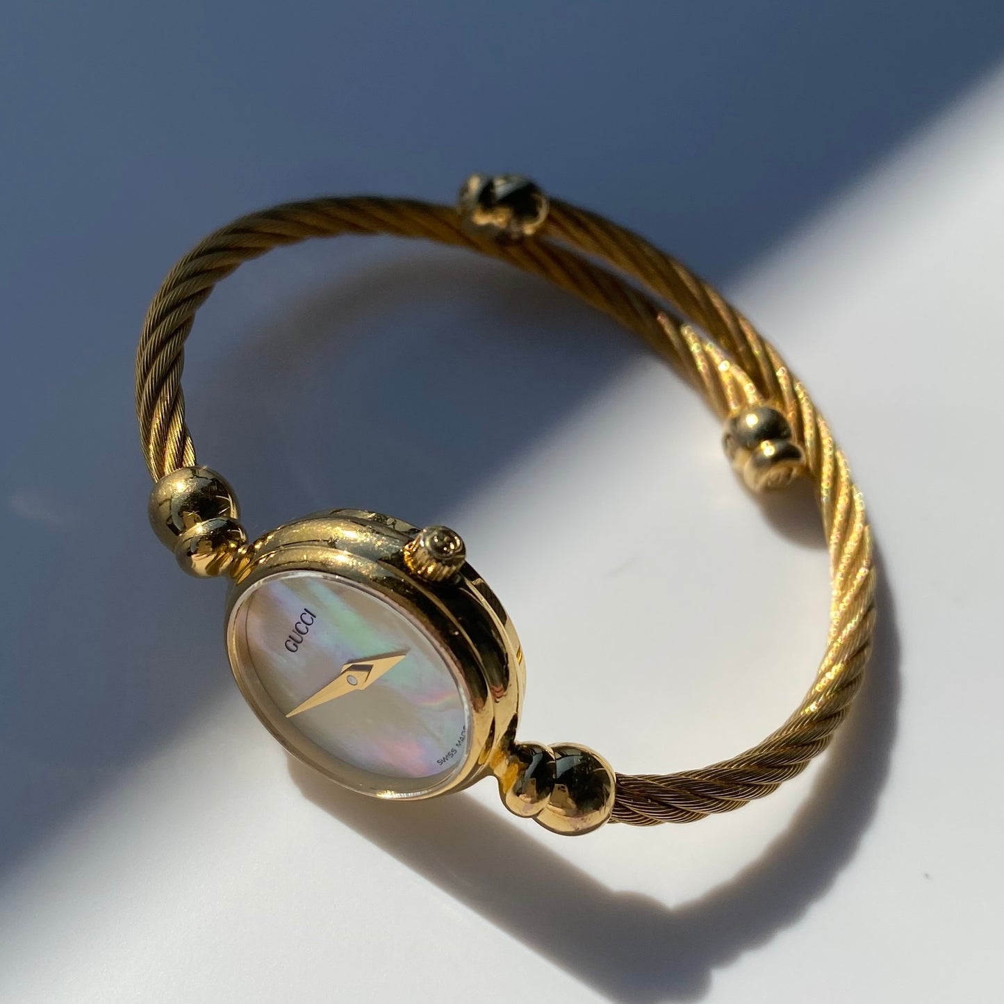 Gucci 1990s Seashell Dial Gold Plated Cable Bangle Watch