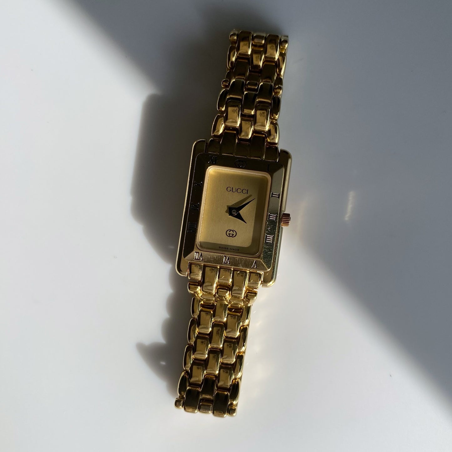 Gucci 1990s Gold Plated Rectangular Dial Watch