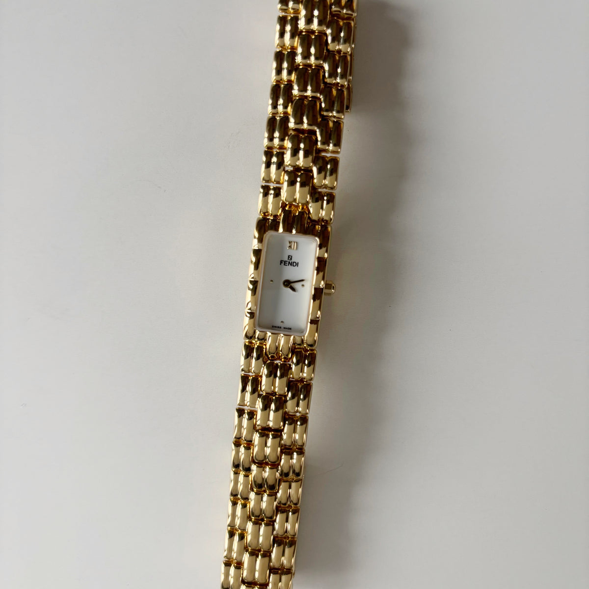 Fendi 1990s Rectangular White Dial Gold Plated Watch