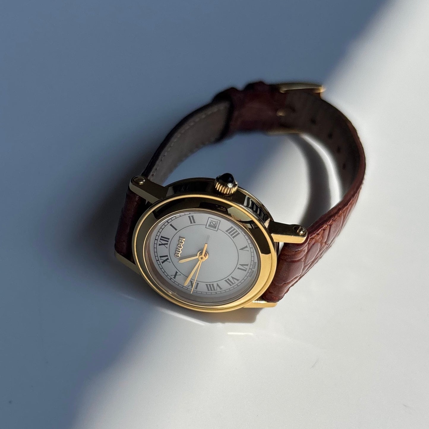 Gucci 1990s Date Round Dial Gold Plated Watch