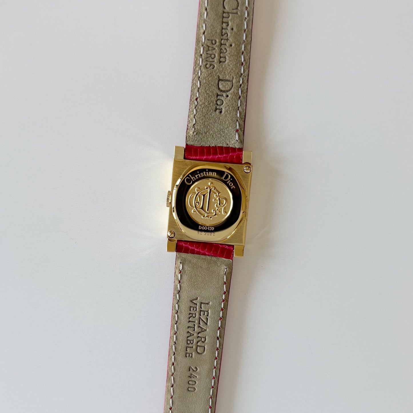 Dior 1990s La Parisienne Interchangeable Strap Square Dial Gold Plated Watch with 3 straps, case