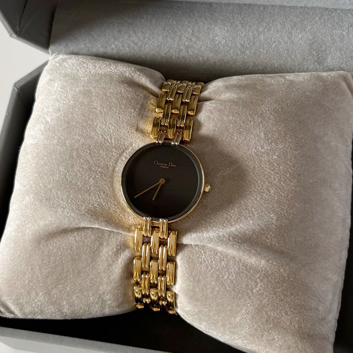 Dior 1990s Bagheera Round Black Dial Gold Plated Watch