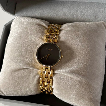 Dior 1990s Bagheera Round Black Dial Gold Plated Watch