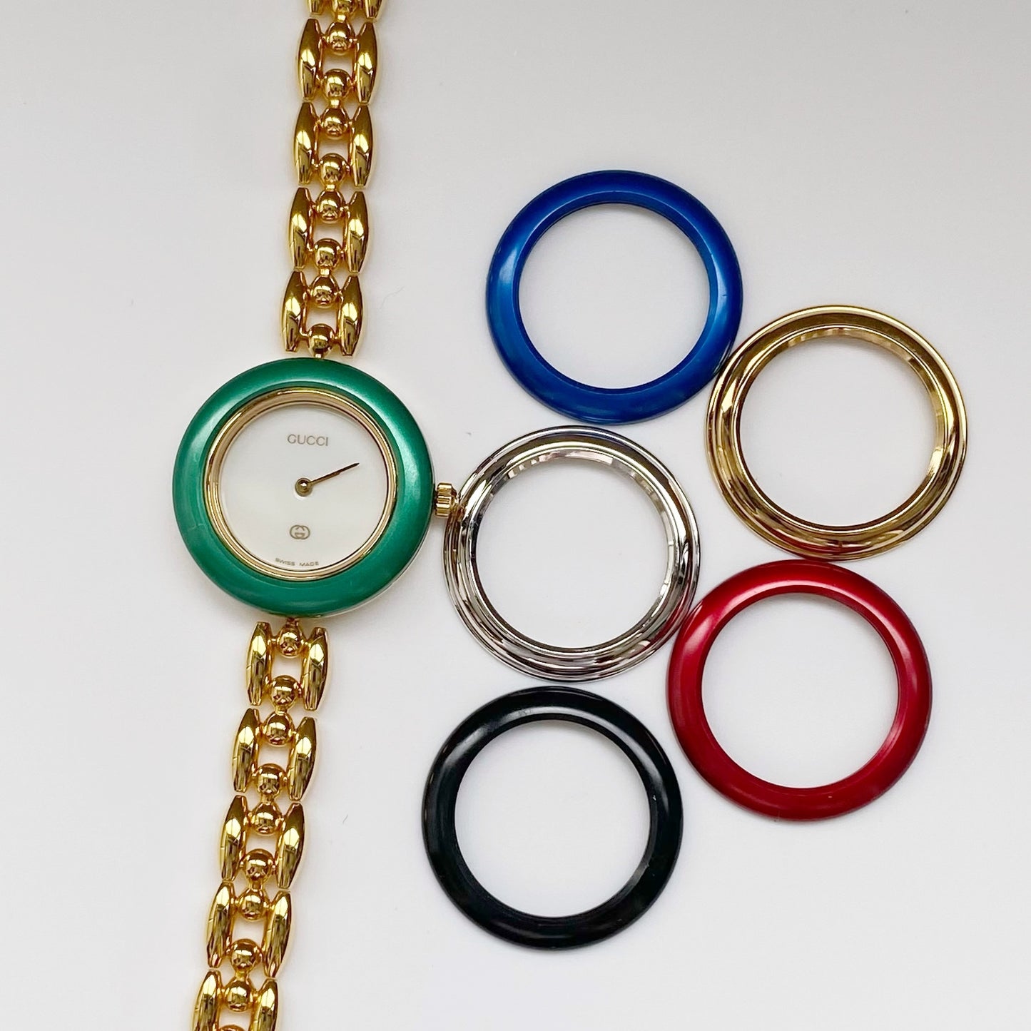 Gucci 1990s Interchangeable Bezel Gold Plated Watch with 6 bezels, case