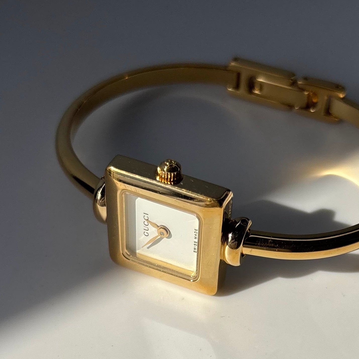 Gucci 1990s Square Dial Gold Plated Bangle Watch