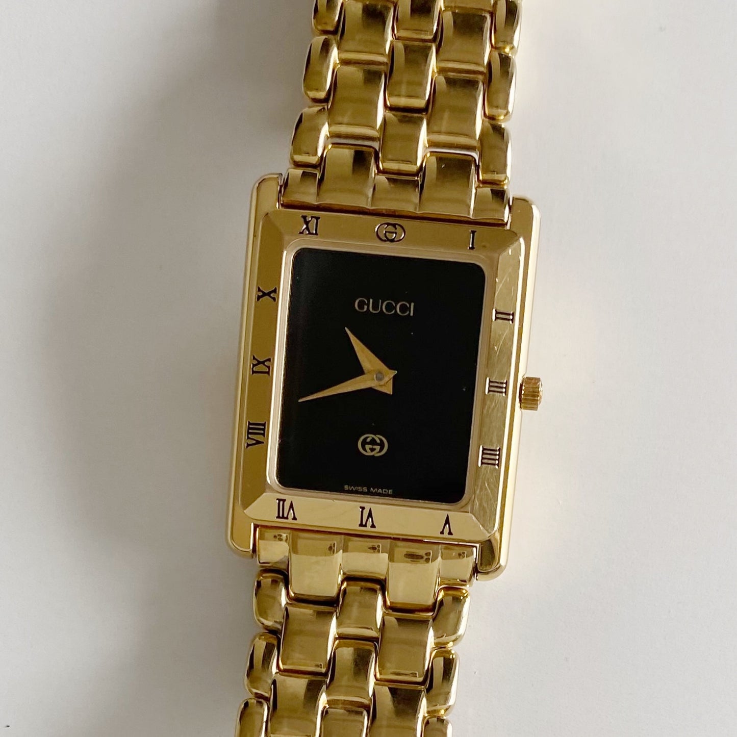 Gucci 1990s Black Dial Tank Gold Plated Watch (Large)