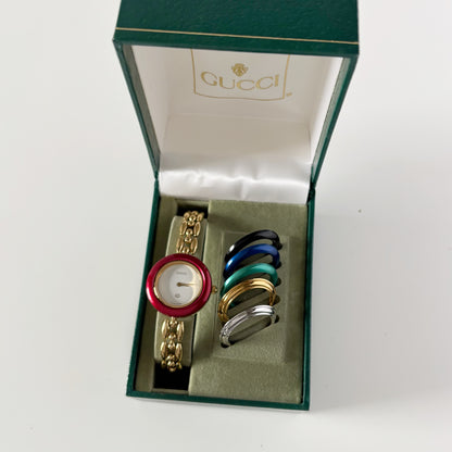 Gucci 1990s Interchangeable Bezel Gold Plated watch with 6 bezels, case (160cm)