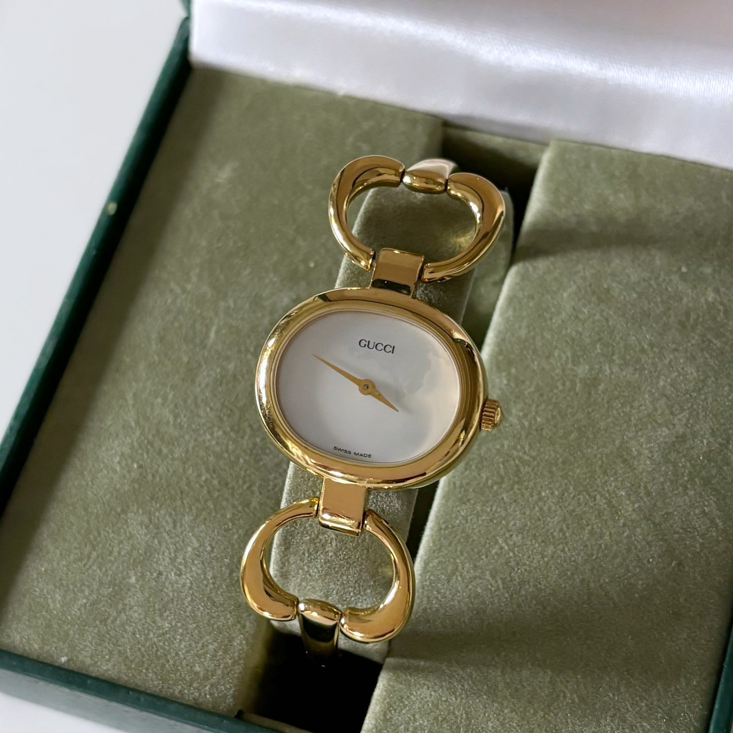 Gucci 1990s Seashell Dial Oval Gold Plated Bangle Watch