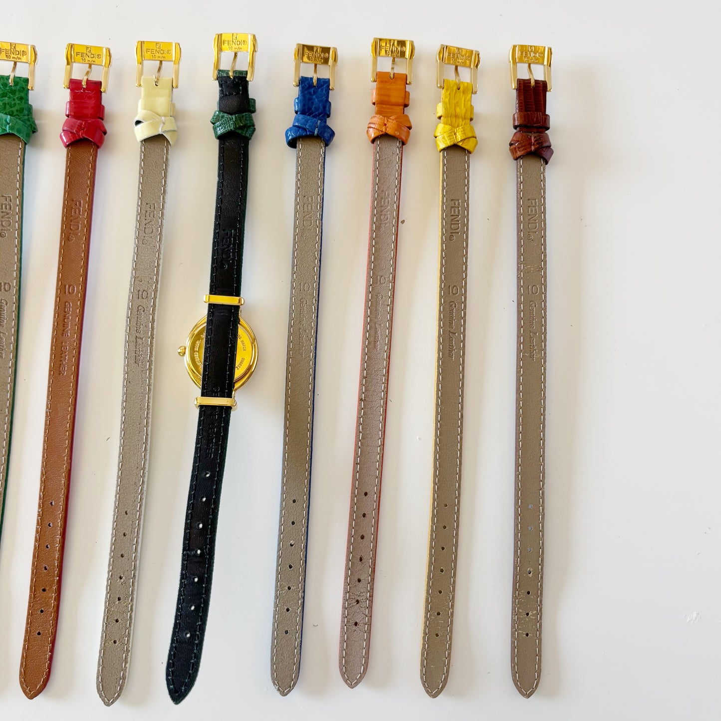 Fendi 1990s Interchangeable Belt Gold Plated Watch with 9 straps, case