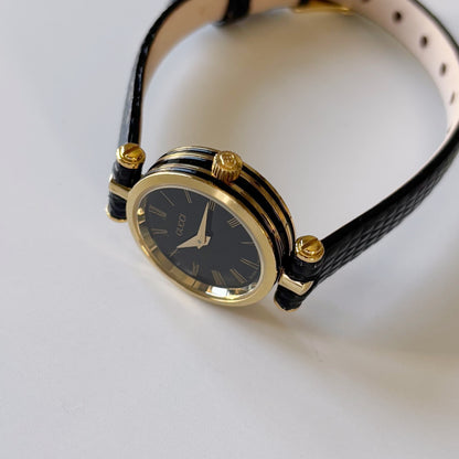 Gucci 1990s Black Round Dial Gold Plated Watch