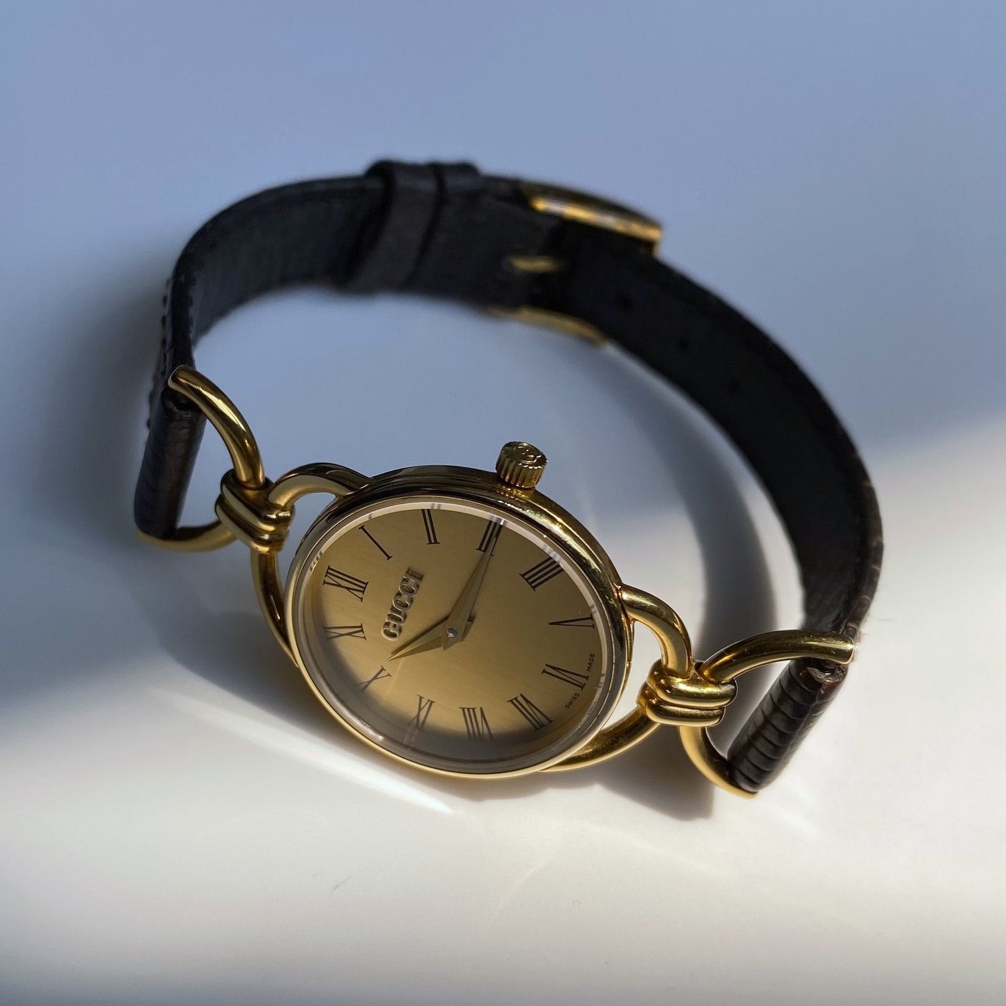 Gucci 1990s Gold Plated Round Leather Watch