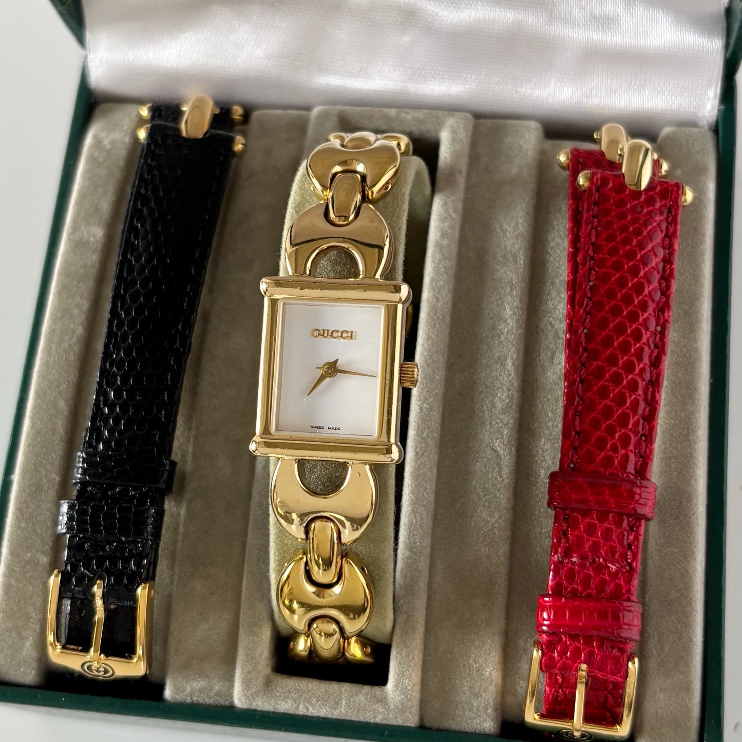 Gucci 1990s Interchangeable Strap Gold Plated Watch Watch with 3 belts, case