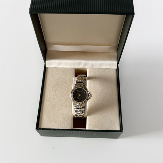 Gucci 1990s Date Round Black Dial Two Tone Gold Plated Watch