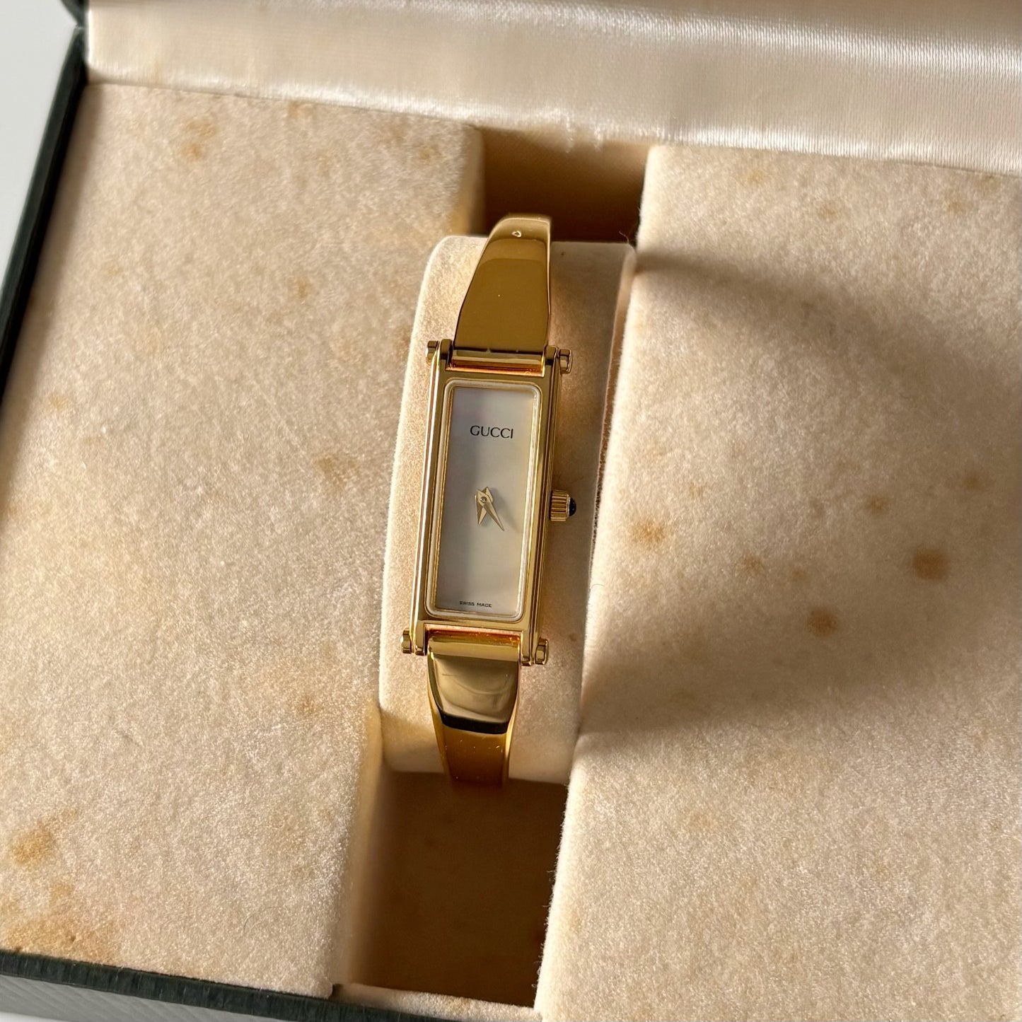 Gucci 1990s Seashell Dial Rectangular Gold Plated Bangle Watch