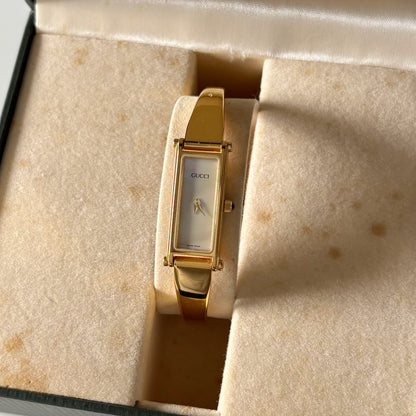 Gucci 1990s Seashell Dial Rectangular Gold Plated Bangle Watch