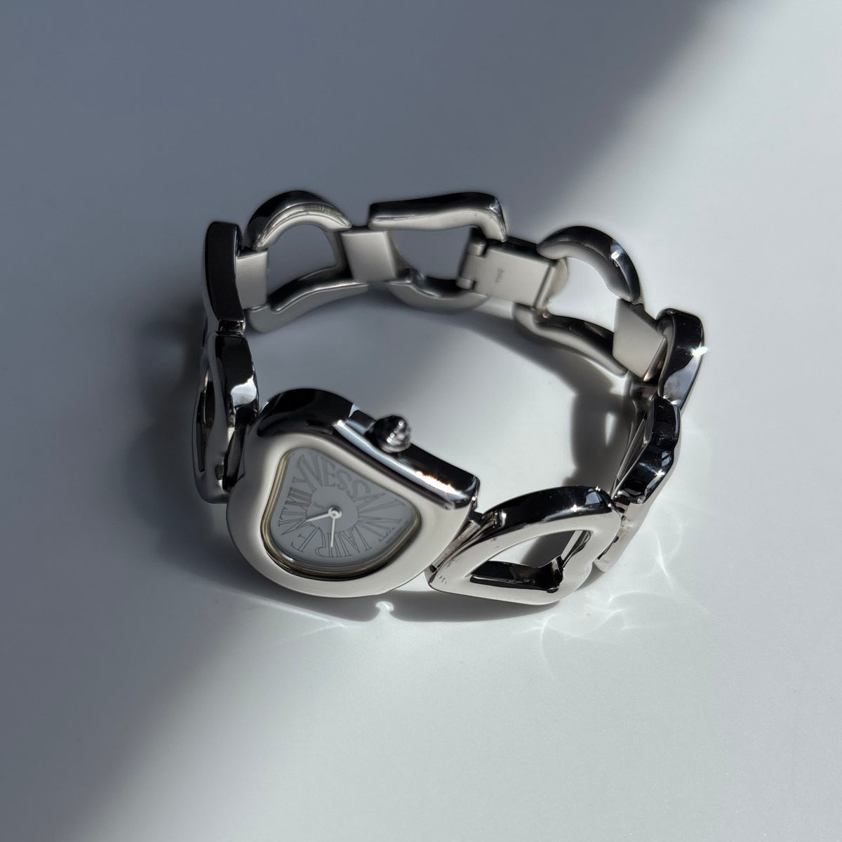 Yves Saint Laurent 1990s Heart Shaped Dial Band Silver Watch