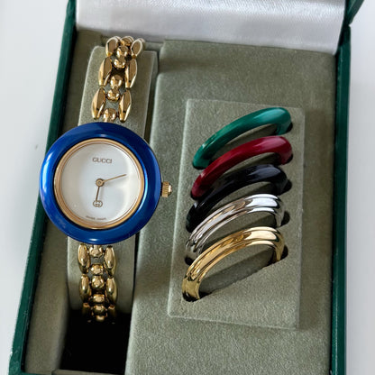 Gucci 1990s Interchangeable Bezel Gold Plated Rice Chain Watch with 6 bezels, case (160mm)