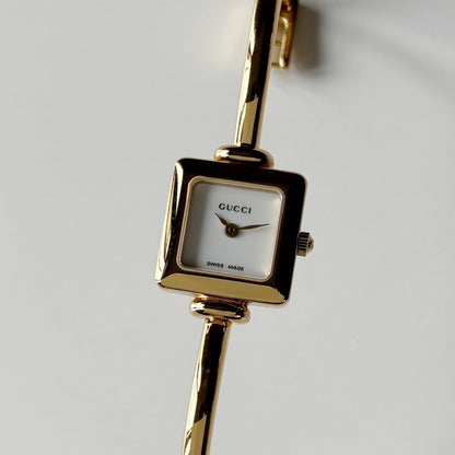 Gucci 1990s Square Dial Gold Plated Bangle Watch