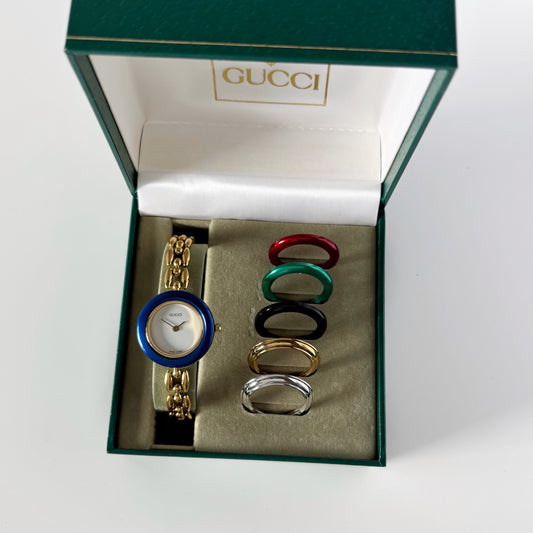 Gucci 1990s Interchangeable Bezel Gold Plated Watch with 6 bezels, case (162mm)